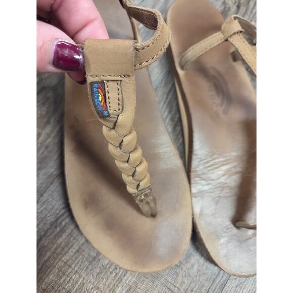 Rainbow Sandals Shoes 6.5-7.5 Thong T Strap Flats Brown Leather Casual Buckle M - Picture 2 of 6